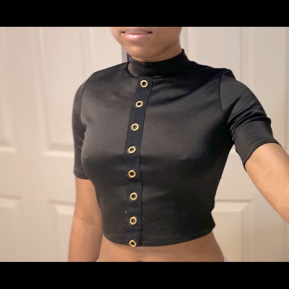 Black Grommet Holes Crop Mock Neck Crop Top